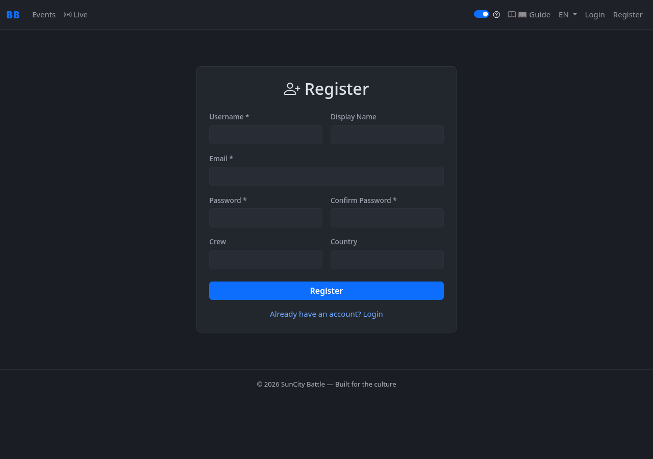 Registration form showing fields for username, display name, email, password, crew, and country