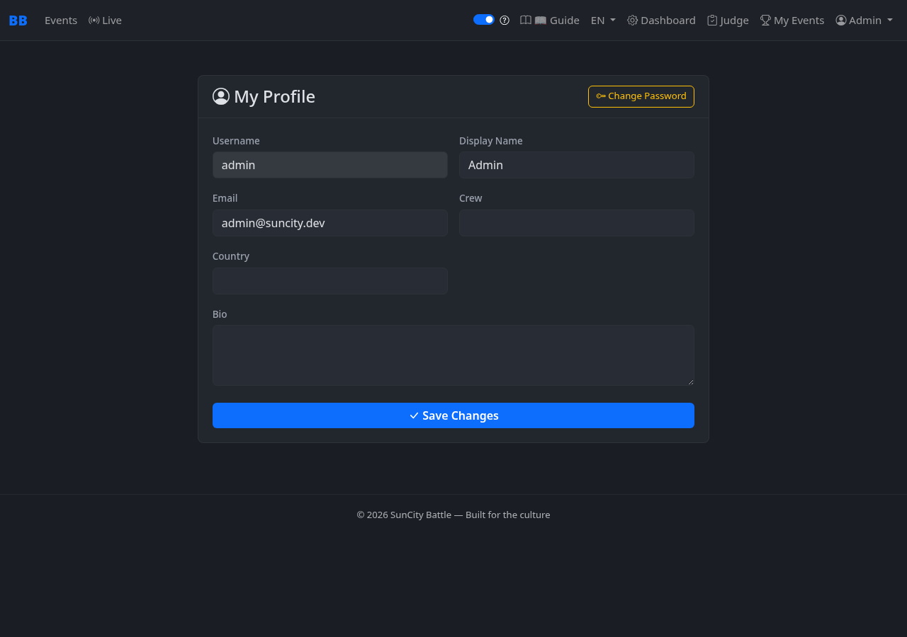 User profile page showing editable fields for display name, email, crew, country, and bio
