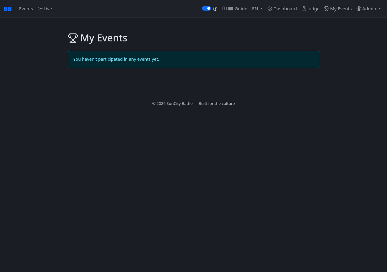 My Events page showing participation history with event names, categories, and statuses